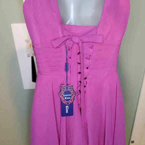 V Neck Midi Dress Chiffon Aline Pleat Lace Up Back In Pink - Picture 7 of 12